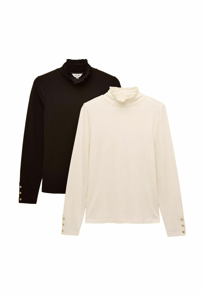 Dvoje tričiek s dlhými rukávmi a vysokým golierom: jedny čierne so volánikmi na golieri a gombíkovými akcentmi na rukávoch, jedny biele s podobným dizajnom a textúrou.
