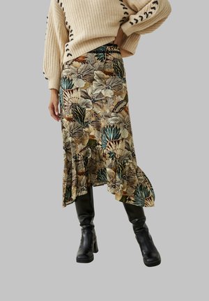 NÜD by Nekane, FALDA MIDI ASIMÉTRICA ESTAMPADA CON VOLANTE EN EL BAJO. - Falda acampanada - camel