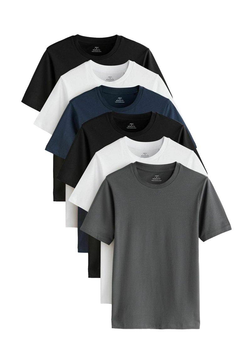 Komplekts ar sešām T-kreklām ar īsām piedurknēm melnā, baltā, tumši zilā un pelēkā krāsā. Izgatavots no kokvilnas, ar apaļu apkakli un standarta piegriezumu. Gluda tekstūra.