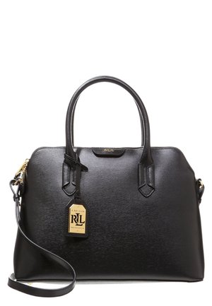 Bolso Lauren Ralph Lauren de cuero negro con doble asa, correa de hombro desmontable y placa con logo en tono dorado.