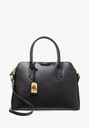 Bolso Lauren Ralph Lauren de cuero negro con doble asa, correa de hombro desmontable y placa con logo en tono dorado.