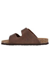 Sandale à glissière en cuir marron avec deux brides découpées, semelle en liège et semelle en caoutchouc noir. Présente une finition texturée et un design neutre.