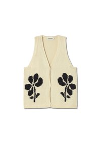 Gehaakt vest in crème met een V-hals, voorzien van zwarte bloemenmotieven op de voorkant. Zonder mouwen, met een gestructureerd oppervlak en een open voorkant.
