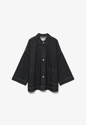 Dark denim jacket with a collar, large front pockets, and silver buttons. Loose fit with wide sleeves and contrasting stitching details.