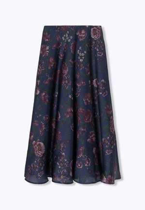 Jupe midi florale en tissu bleu foncé, ornée de motifs de fleurs violettes et vertes, de forme évasée, avec un léger brillant et une texture lisse.