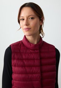 Gilet imbottito bordeaux con colletto alto, caratterizzato da cuciture orizzontali e una texture liscia, indossato sopra un top nero a costine.