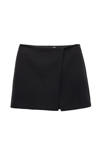 Zwarte mini-rok van een gladde stof met een rechte snit, voorzien van een zijrits en een lichte plooidetail aan de voorkant voor een extra ontwerpelement.