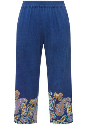 Pantaloni blu navy con vita elastica, decorati con accenti a paisley in colori vivaci lungo gli orli. Tessuto liscio con un sottile motivo intrecciato.