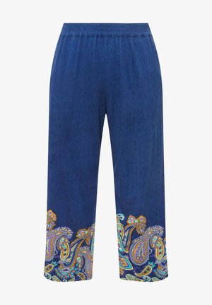 Marineblaue Hose mit elastischem Bund und farbenfrohen Paisleymustern an den Säumen. Glatte Textur mit einem subtilen eingewebten Design.