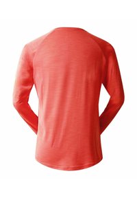 Langarmhemd in einfarbigem Korallenfarbe, mit glatter Textur und abgerundetem Saum. Verfügt über Raglanärmel für einen lockeren Sitz.