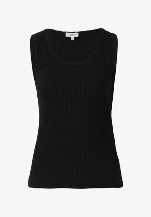 Schwarzes ärmelloses Top mit geripptem Muster, rundem U-Boot-Ausschnitt und taillierter Form, aus einem dehnbaren Material gefertigt.
