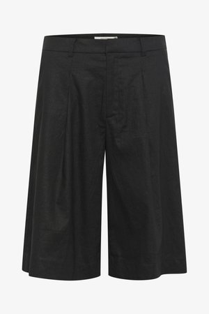 Pantalones negros con un diseño suelto y de pierna ancha, con pliegues en la parte delantera y textura suave. Fabricados en tejido ligero. Se ajustan a la cintura.