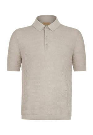 Kortærmet beige strikket polo-shirt med tekstureret mønster, tre-knaps stolpe og ribstrikket krave og manchetter.