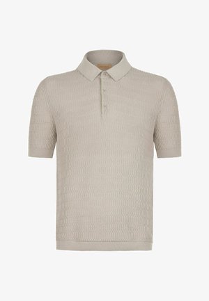 Beiges kurzärmeliges gestricktes Poloshirt mit strukturiertem Muster, Drei-Knopf-Leiste und geripptem Kragen sowie Bündchen.
