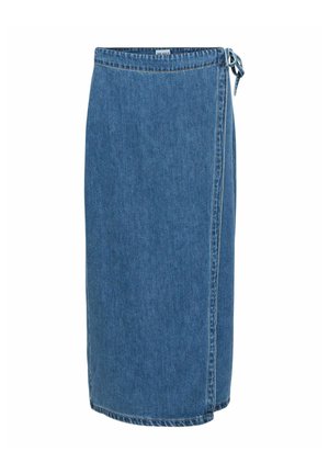 Džinsa pārklājuma svārki vidēji zilā krāsā ar saišu aizdari, taisna griezuma, ar neapstrādātu apmali un maigu tekstūru no auduma pinuma.