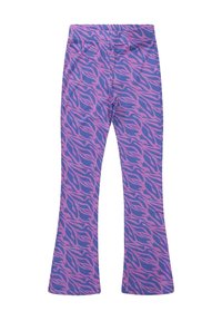 Paarse legging met een roze zebraprintpatroon, met een flared ontwerp en een elastische tailleband. Gladde stoftextuur.