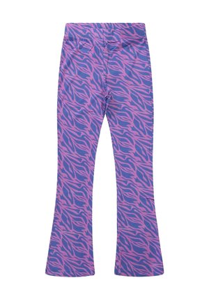 Paarse legging met een roze zebraprintpatroon, met een flared ontwerp en een elastische tailleband. Gladde stoftextuur.