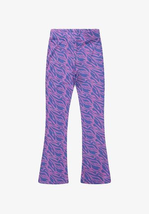 Paarse legging met een roze zebraprintpatroon, met een flared ontwerp en een elastische tailleband. Gladde stoftextuur.