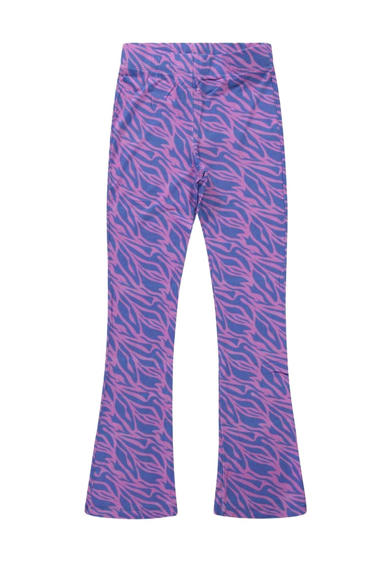 Paarse legging met een roze zebraprintpatroon, met een flared ontwerp en een elastische tailleband. Gladde stoftextuur.