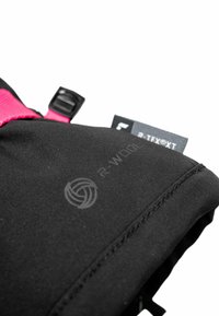 Zwarte stoffen handschoen met roze band, met een gladde textuur, R-WOOL-logo en een label met de tekst "B-TEKOTXT." Gestikte randen, ergonomisch ontwerp.