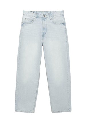 Jeans azzurri chiaro a vita alta con gamba dritta, bottoni frontali e cerniera, passanti per cintura e design a cinque tasche su sfondo bianco.