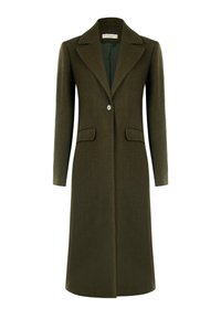 Cappotto lungo verde oliva con finitura texturizzata, colletto a punta, chiusura a un bottone e due tasche frontali.