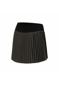 Gonna nera a pieghe con una ampia vita in tessuto nero, mostrata su uno sfondo bianco.