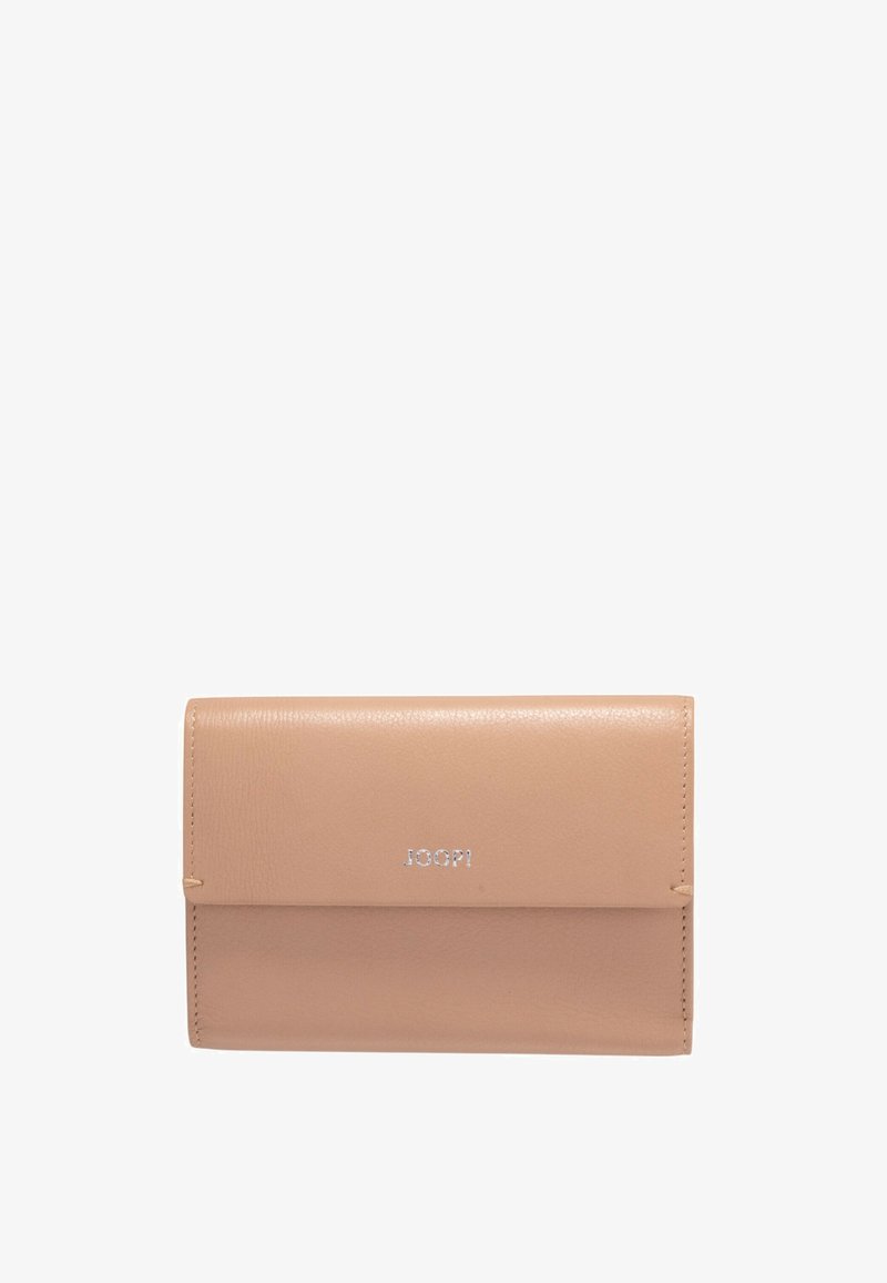 Portefeuille en cuir beige au design rectangulaire élégant. Doté d'un logo argenté sur le devant et d'une texture lisse. Compact et minimaliste.