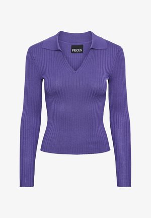 Maglione viola a costine a maniche lunghe con scollo a V e colletto. Realizzato in tessuto elasticizzato, presenta un design aderente per una silhouette elegante.