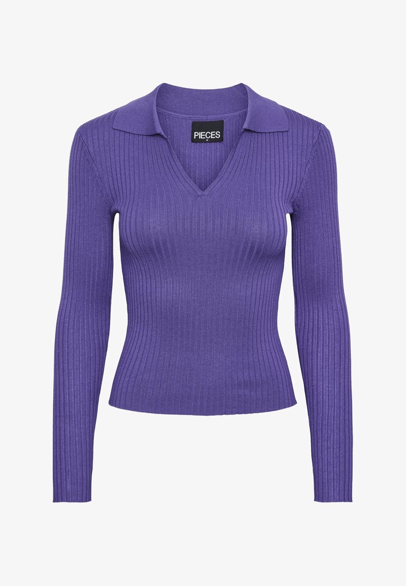 Pull violet à manches longues côtelé avec col en V et col. Confectionné dans un tissu extensible, présentant une coupe ajustée pour une silhouette élégante.