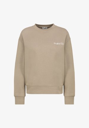 Beige Sweatshirt aus weichem Stoff mit Rundhalsausschnitt, gerippten Bündchen und Saum. Es ist mit einem dezenten weißen Logo auf der Brust versehen.