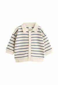 Világos bézs kardigán, tengerészkék vízszintes csíkokkal, galléros nyakkal, elől gombos záródással, valamint bordázott mandzsettákkal és aljjal.