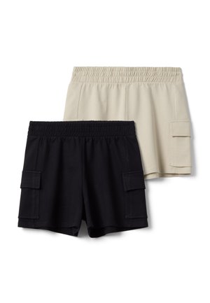 Beige und schwarze Cargo-Shorts mit elastischem Bund und seitlichen Taschen, flach auf weißem Hintergrund liegend, wobei das schwarze Paar leicht über das beige gelegt ist.