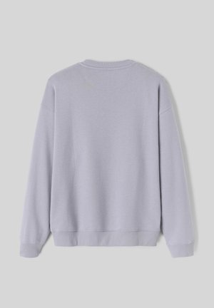 Sweatshirt gris clair avec un col rond, des manches longues et des poignets et un ourlet côtelés. Texture lisse, il présente un design simple sans embellissements.