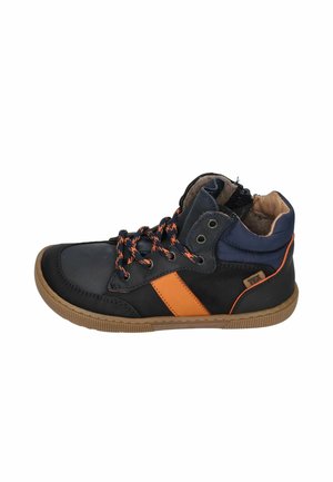 Children's high-top sneaker in black and navy with orange stripe and laces, tan sole, and padded ankle collar.