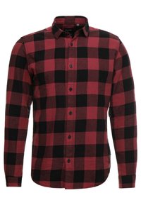 Rot-schwarz kariertes Flanellhemd mit langen Ärmeln, geknöpftem Kragen und schwarzen Knöpfen. Weiche Textur und klassisches Muster.