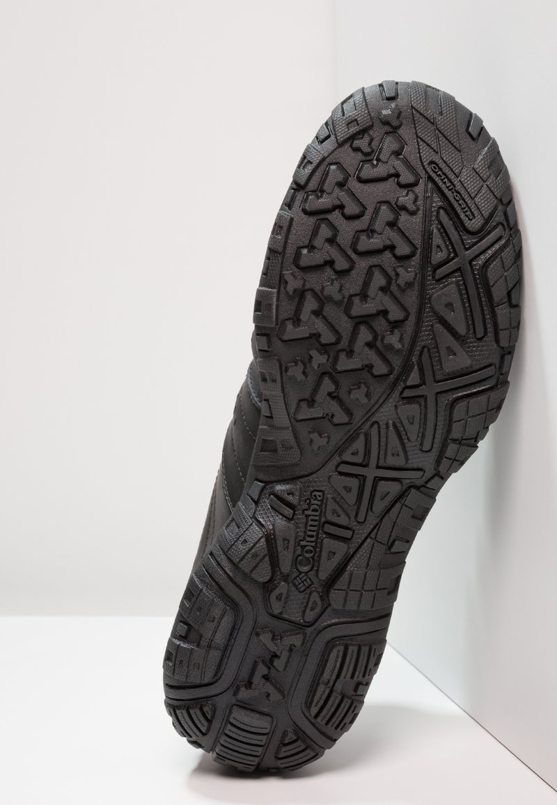 Czarna sportowa obuwie widok od spodu, pokazująca teksturowaną gumową podeszwę z głębokim bieżnikiem oraz logotypem Columbia, charakteryzująca się trwałą i elastyczną konstrukcją.