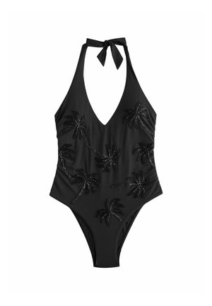 Svart helkroppsbaddräkt med V-ringning och halterneck. Har broderade palmtresdesigner i svarta trådar med pärlaccenter.