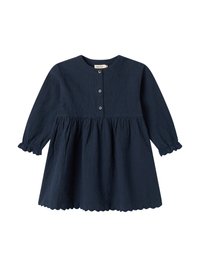 Dunkelblaues Kleid mit langen Ärmeln, geknöpftem Vorderteil und gerafftem Rock. Verfügt über einen gewellten Saum und strukturierter Stoff. Ideal für Kinder.