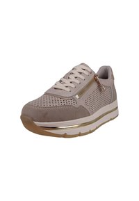 Jasnobeżowe sneakersy z perforowanej zamszowej skóry, sznurowane oraz z suwakiem z boku. Złote akcenty i biała podeszwa środkowa wzbogacają design.
