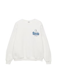 Witte sweatshirt met blauwe grafische print met Snoopy en "Peanuts Recreation and Leisure." Geribbelde manchetten en onderkant, pullover stijl.