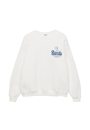 Fehér pulóver kék grafikai nyomattal, amely Snoopy-t és a "Peanuts Recreation and Leisure" feliratot ábrázolja. Bordás mandzsetták és alsó rész, sima pulóver stílus.
