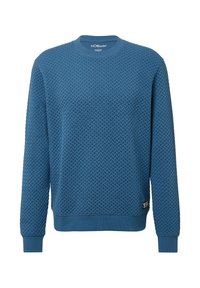 Niebieska dzianinowa bluza z teksturowanym, diamentowym wzorem. Posiada okrągły dekolt i ściągacze na rękawach, wykonana z miękkiego materiału.