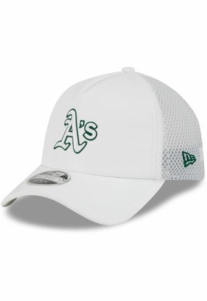 White baseball cap with green "A's" logo on front and mesh back panel, featuring a silver New Era sticker on the curved brim.