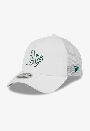 White baseball cap with green "A's" logo on front and mesh back panel, featuring a silver New Era sticker on the curved brim.