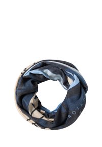 Runder Schal in einem Mix aus Blau, Marineblau und Beige mit geometrischen Mustern. Der Stoff wirkt weich mit einer glatten Textur.