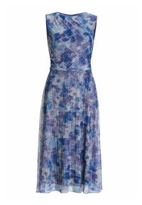 Schwingendes ärmelloses Kleid aus gemustertem blauem und lila Stoff mit plissierter Textur, knielang mit einer taillierten Passform für eine definierte Silhouette.