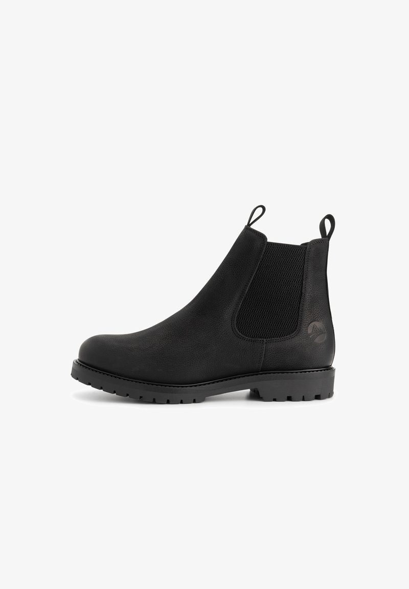 Zwarte leren Chelsea-boot met elastische zijpanelen, trekflappen aan de voor- en achterkant, en een gestructureerde lugschoenzool.