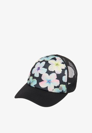 Zwarte baseballpet van mesh met een pastelgekleurde grote bloemenprint op het voorpaneel en een gebogen klep.