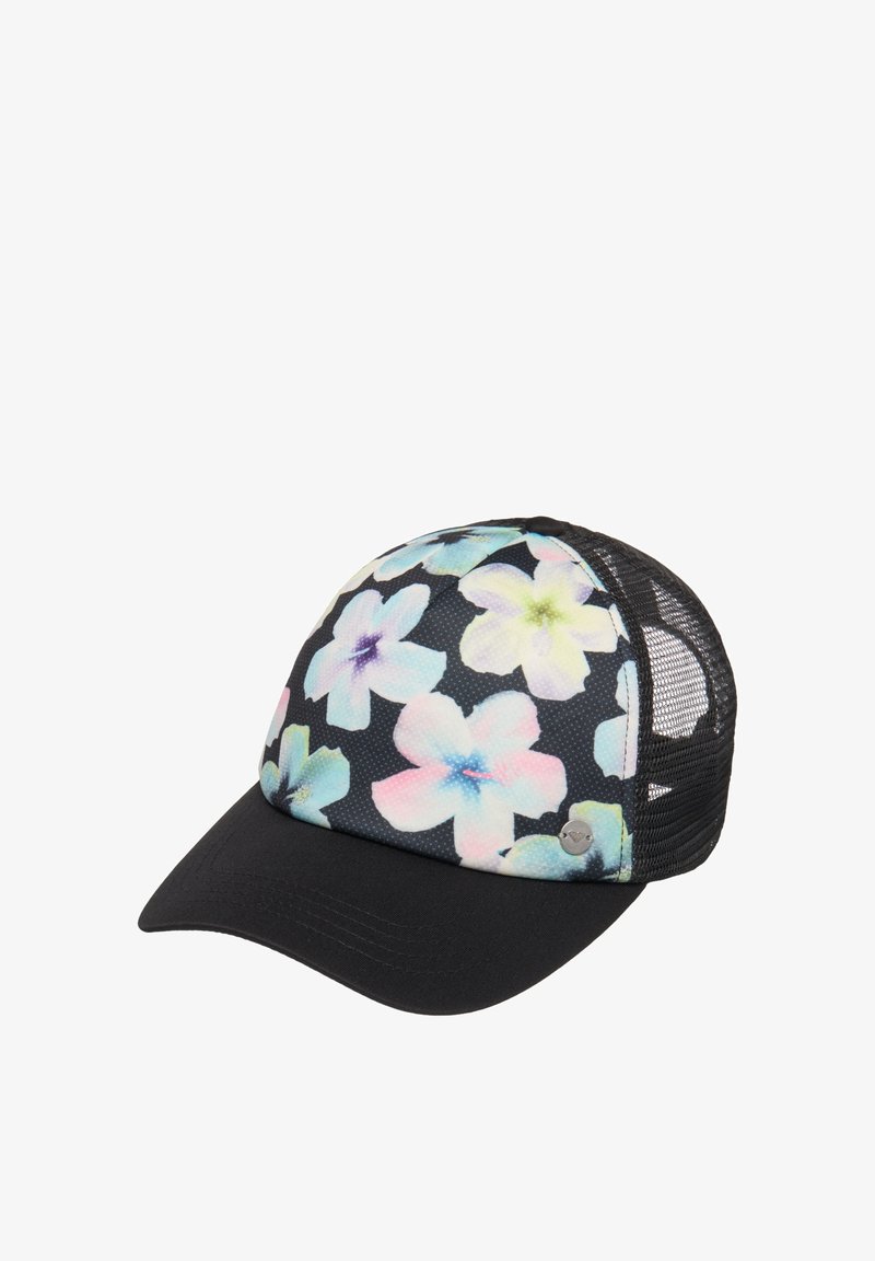 Schwarze Baseballkappe aus Mesh mit großem, pastellfarbenem Blumenmuster auf der Vorderseite und gebogener Krempe.